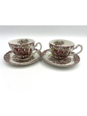 Johnson Brothers Heritage Hall Colonial Overhang Tea Cups & Saucers Set Of 2